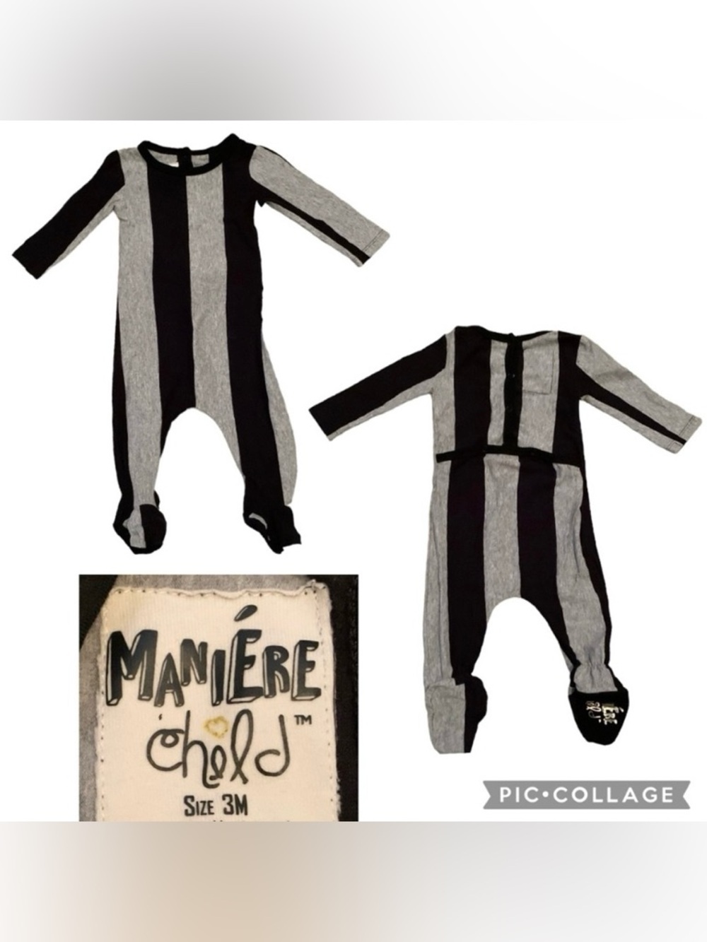Maniere Child Striped Black Gray Pajamas Playsuit 3 Months Cotton Beetlejuice.